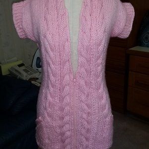 hand knit long vest in pretty pink